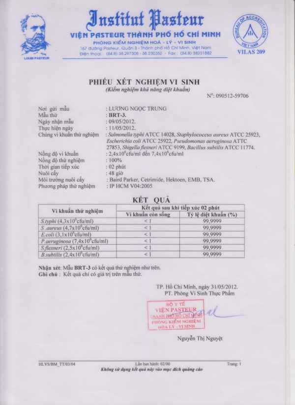 Giấy kết quả kiểm nghiệm BRT-3